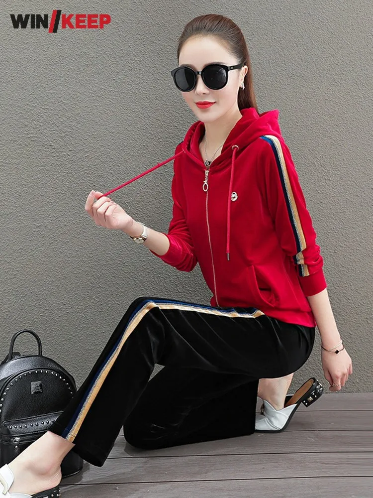 Women Autumn Outdoor Running Set Hooded Velvet Sweatshirt Wide Leg Pants Two Piece Suit Side Striped Fitness Jogging Tracksuit