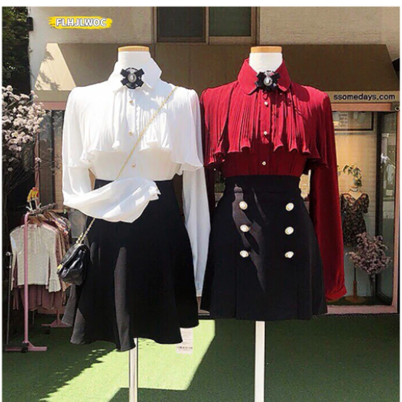 2026 Spring Women\'s Cute Sweet Vintage Ruffled Tops Hot Sales Button Elegant Formal Shirts Blouses White 12016