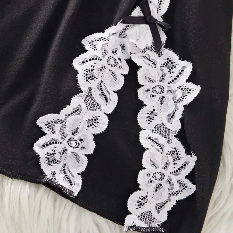 Noční soupravy pro dospělé mikro šaty s výstřihem do V, dámské pyžamo, sexy kostým, krajkové noční košilky, sexi pyžamo, spodní prádlo, tanga - náhled 4