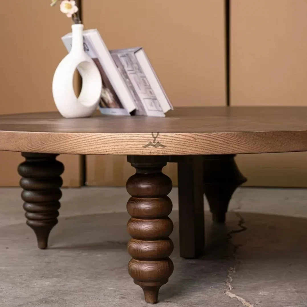 White wax walnut medium antique multi-legged round coffee table creative solid wood round spiral corner coffee table