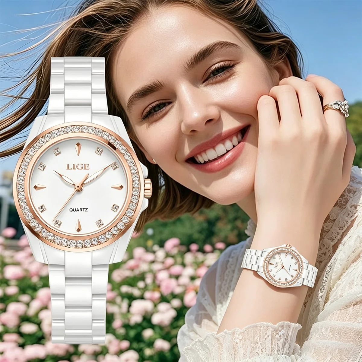 LIGE Elegant Men Watches Fashion Quartz Watch for Women Ceramics Strap Waterproof Date Women Watches Diamond Ladies Wristwatch