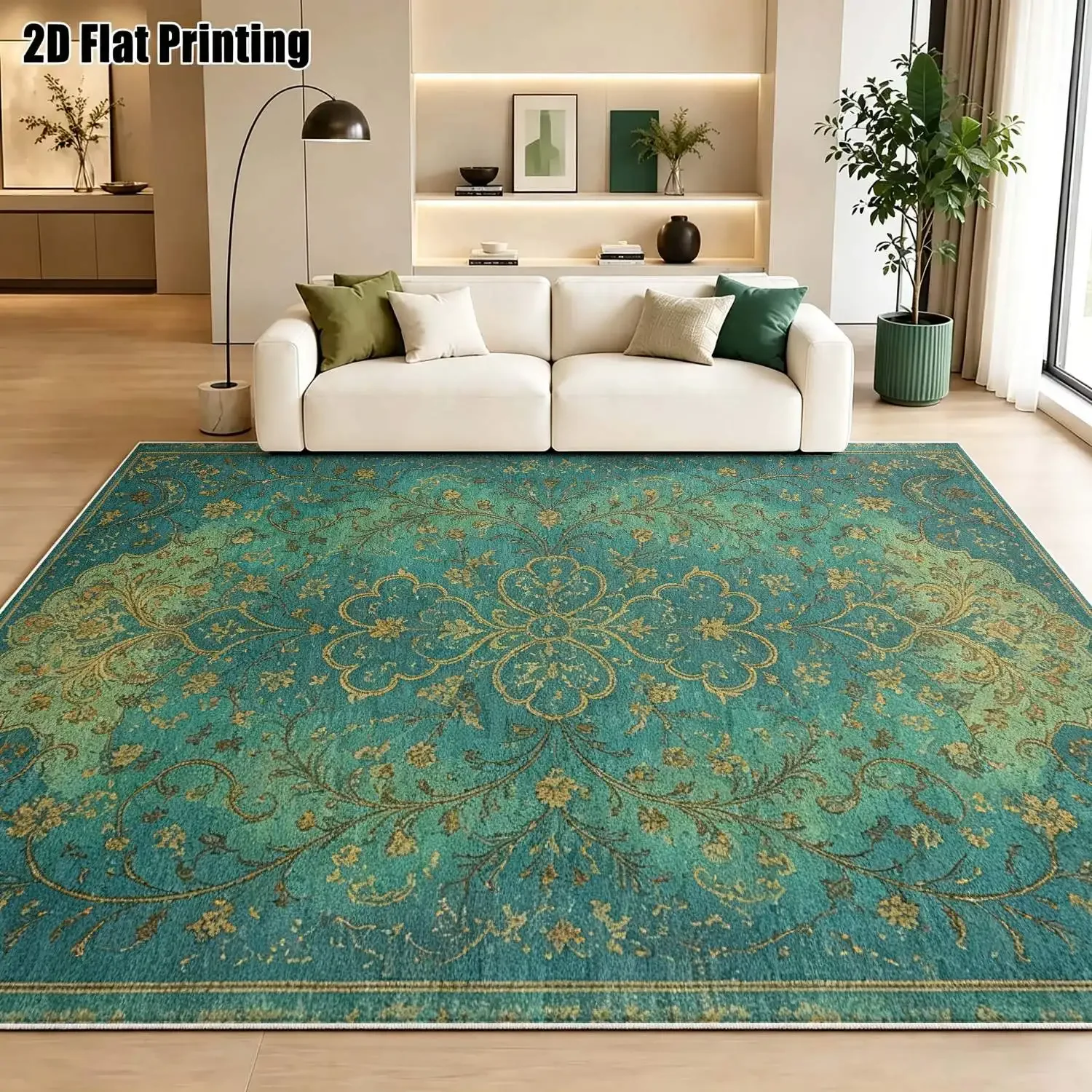 1Pc 2D Printed Blue-Green Floral Velvet Carpet: European Retro Bohemian Geometric Style, Machine Washable, Multi-Size, Suitable