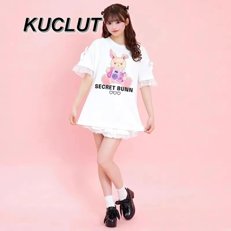 Women's Tops Summer Japanese Style Sweet and Cute Lace Casual Short Sleeve T-shirts Strap Bow Loose Tees Medium and Long T-Shirt