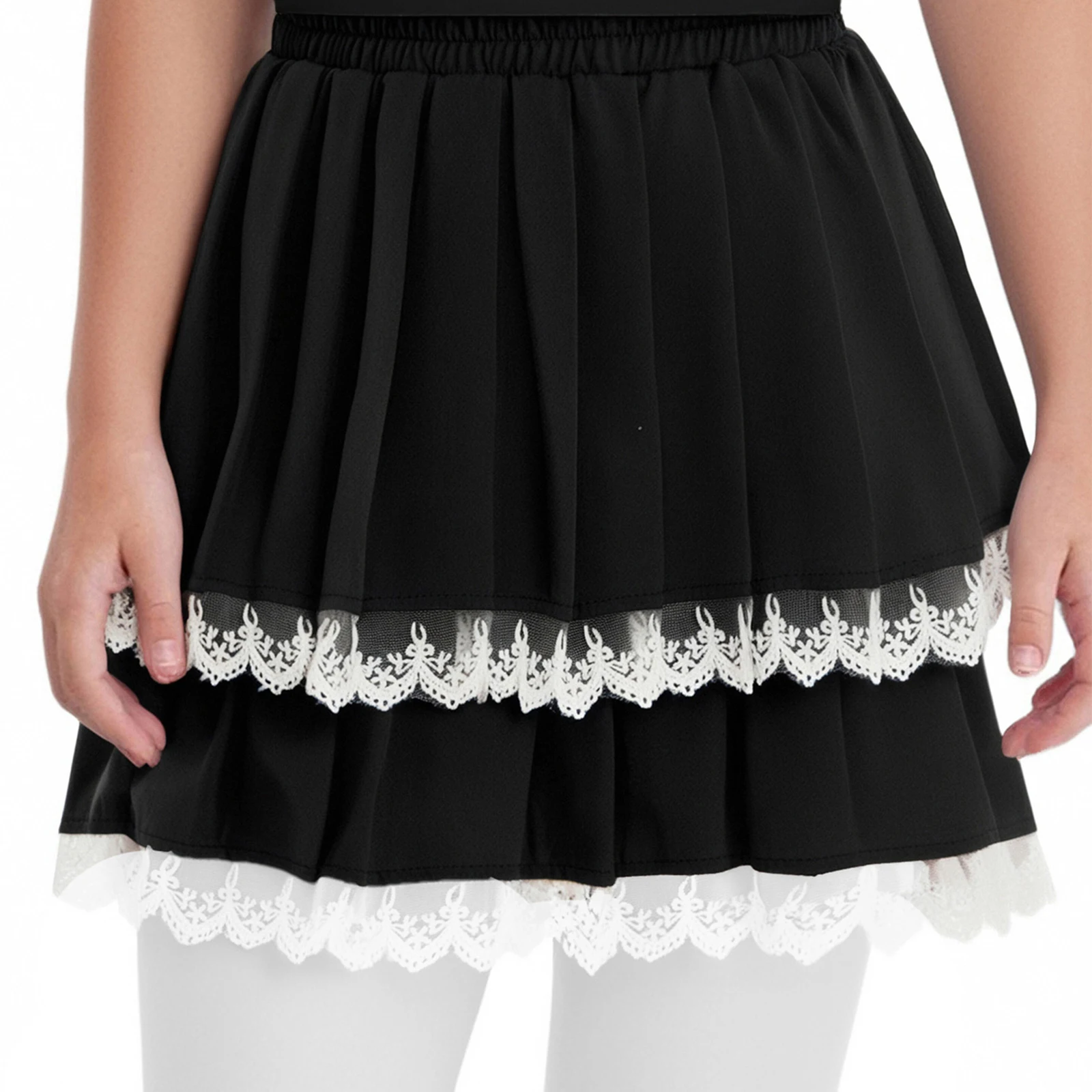 

Kids Girls Pleated Skirt Elastic Waistband Tiered Lace Trim Skirts with Built-in Shorts Picnic Holiday Park Birthday Party Dress