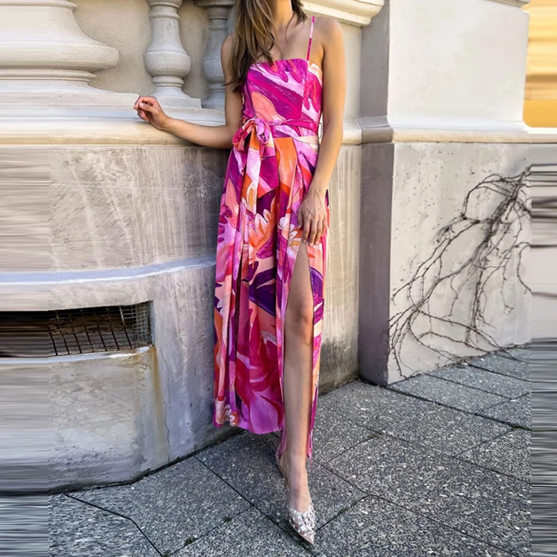 

2026 Summer Square Collar Beach Dress Fashion Pattern Printed Backless Bohemian Dress Women Elegant Sleeveless Tie Up Long Dress