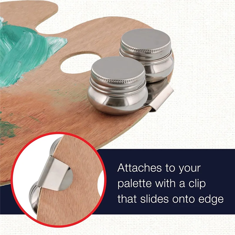 

New-Palette Cup With Lid, Stainless Steel Double Dipper Oil Painting Pot Container, No Leakage, Can Clip On Palette 2Pack