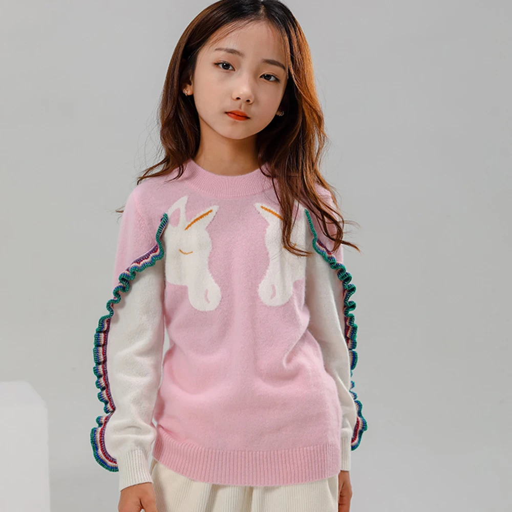 Childrens High quality cashmere sweater girl Round neck pullover Sweater Long sleeved Cartoon Unicorn wool Sweater children Coat