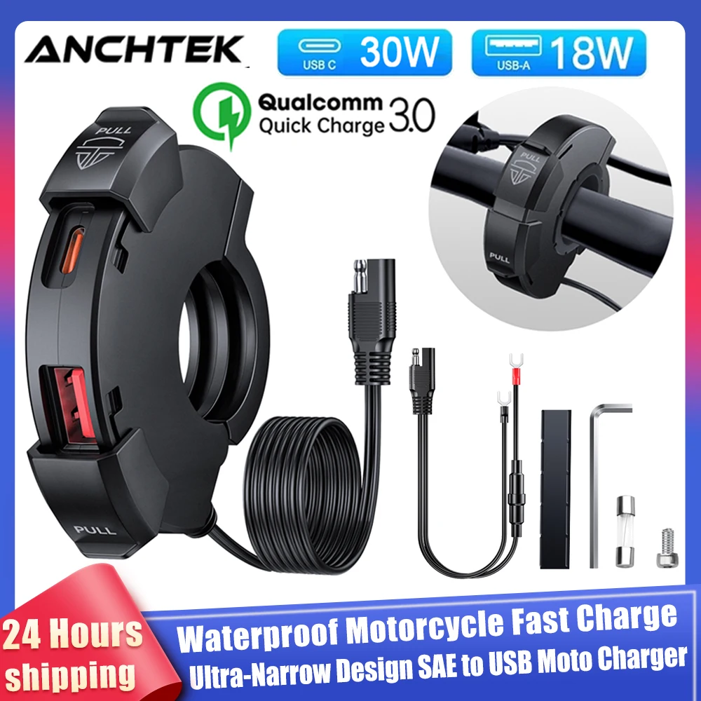 Anchtek Motorcycle Phone Charger Waterproof 30W PD Type-C 18W USB Quick Charger Ultra-Narrow SAE to USB Adapter Moto Accessories
