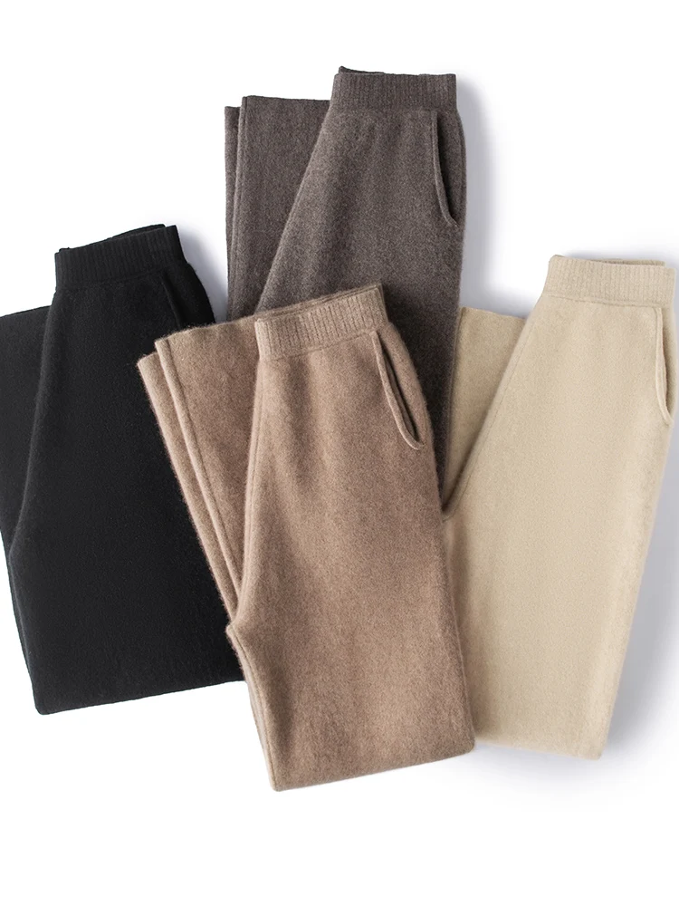 Women Cashmere Pants Autumn Winter Elastic Waist Wide Leg Pants Office Lady 100% Cashmere Knitted Basic Thick Warm Trousers New