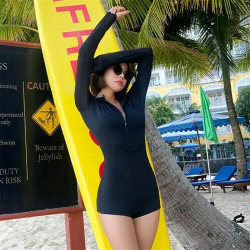 Rash Guard Women Long Sleeve One Piece Swimsuit Black Surfing Bath Suit Swimwear