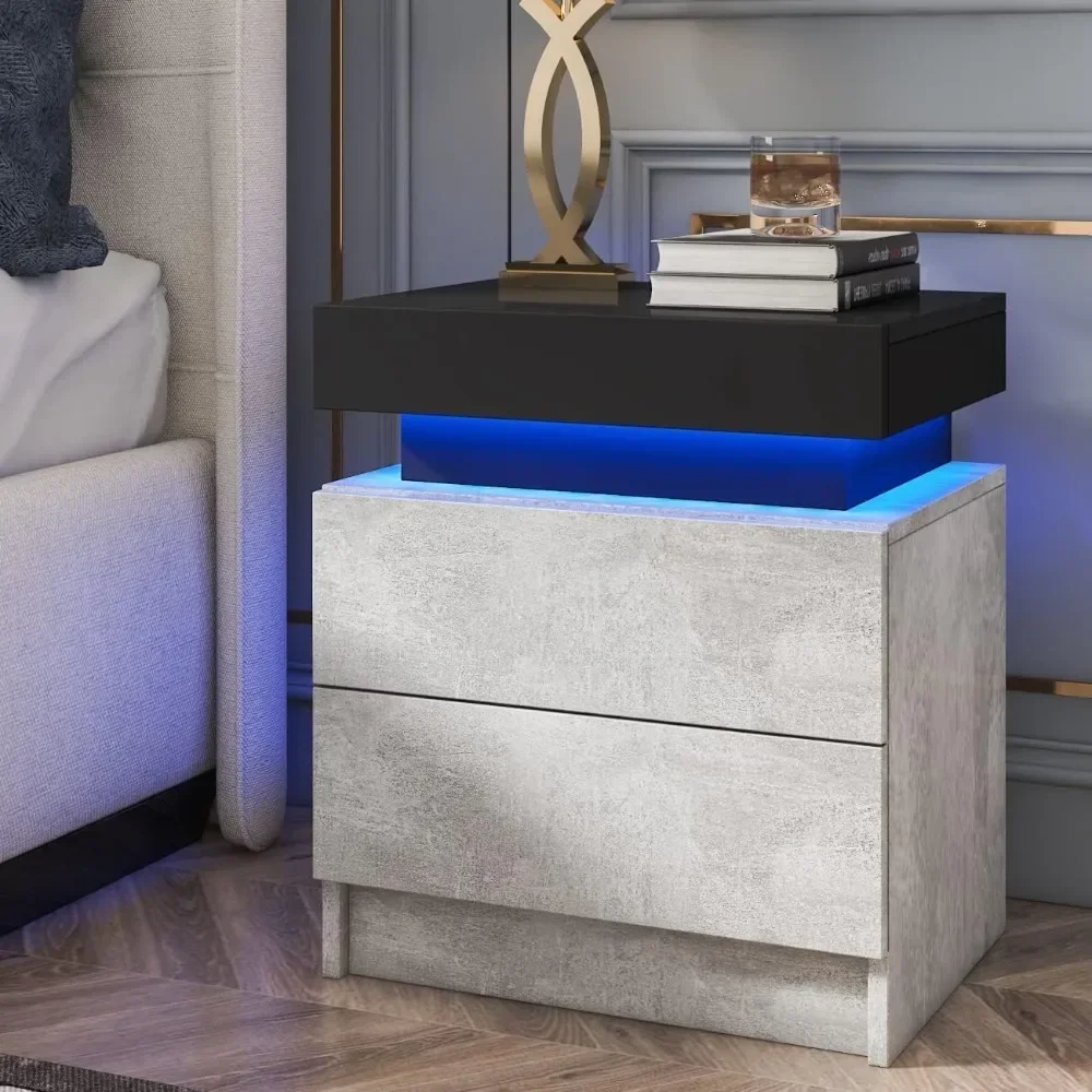 

LED Nightstand Black Nightstand with Led Lights Modern Night Stand with 2 High Gloss Drawers Led Bedside Table with Border