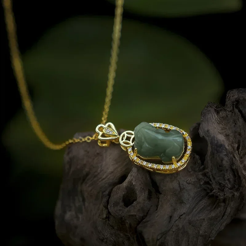 

9999 Real Gold 24K Hetian Jade Micro-inlaid Pixiu Pendant Gold Version Lucky Green Chalcedony Necklace Women's Natural Jade