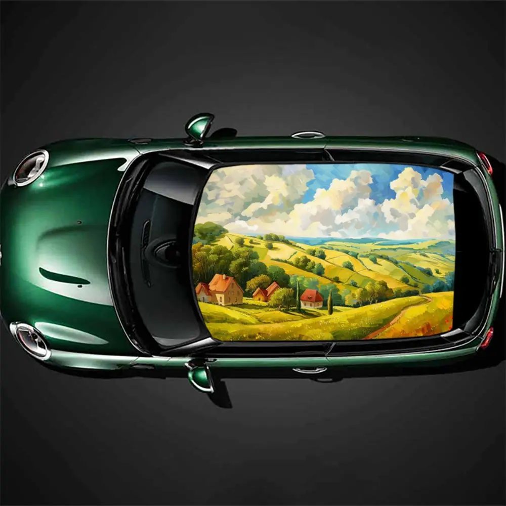 

Romantic Rural Landscape Painting Car Roof Sticker Wrap Racing SUV Auto Accessories Packaging PVC Car Hood Graphic Decal Decor