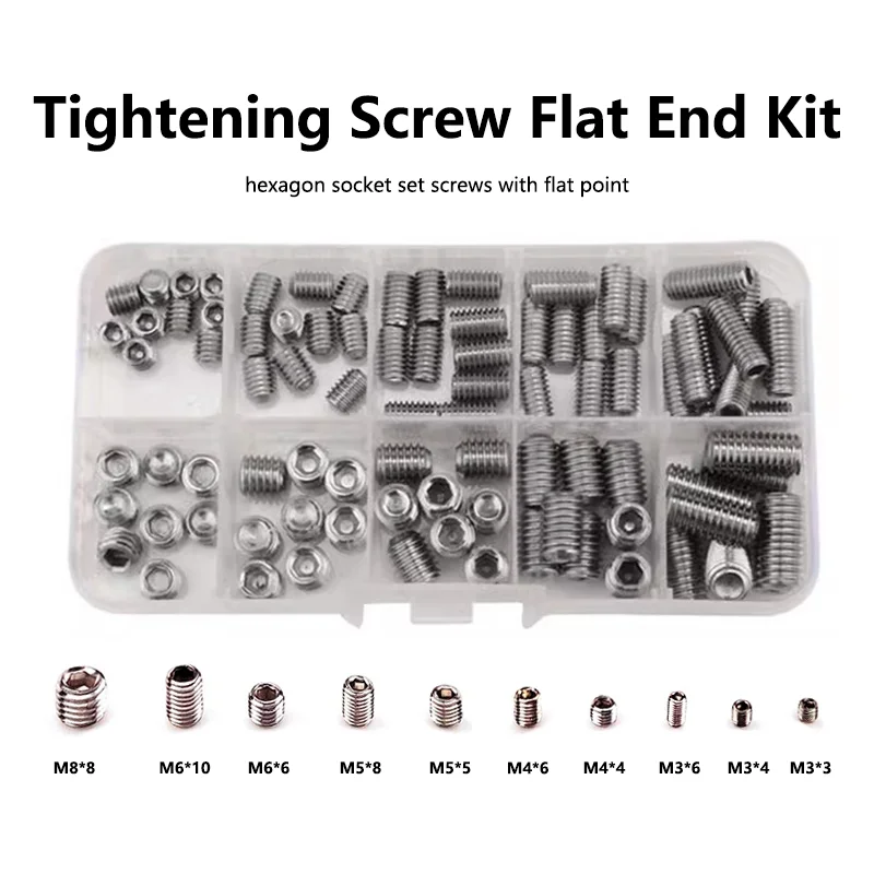 

200pcs/Box M3 M4 M5 M6 M8 Stainless Steel Allen Grub Headless Bolt Hexagon Socket Set Screw with Flat Point