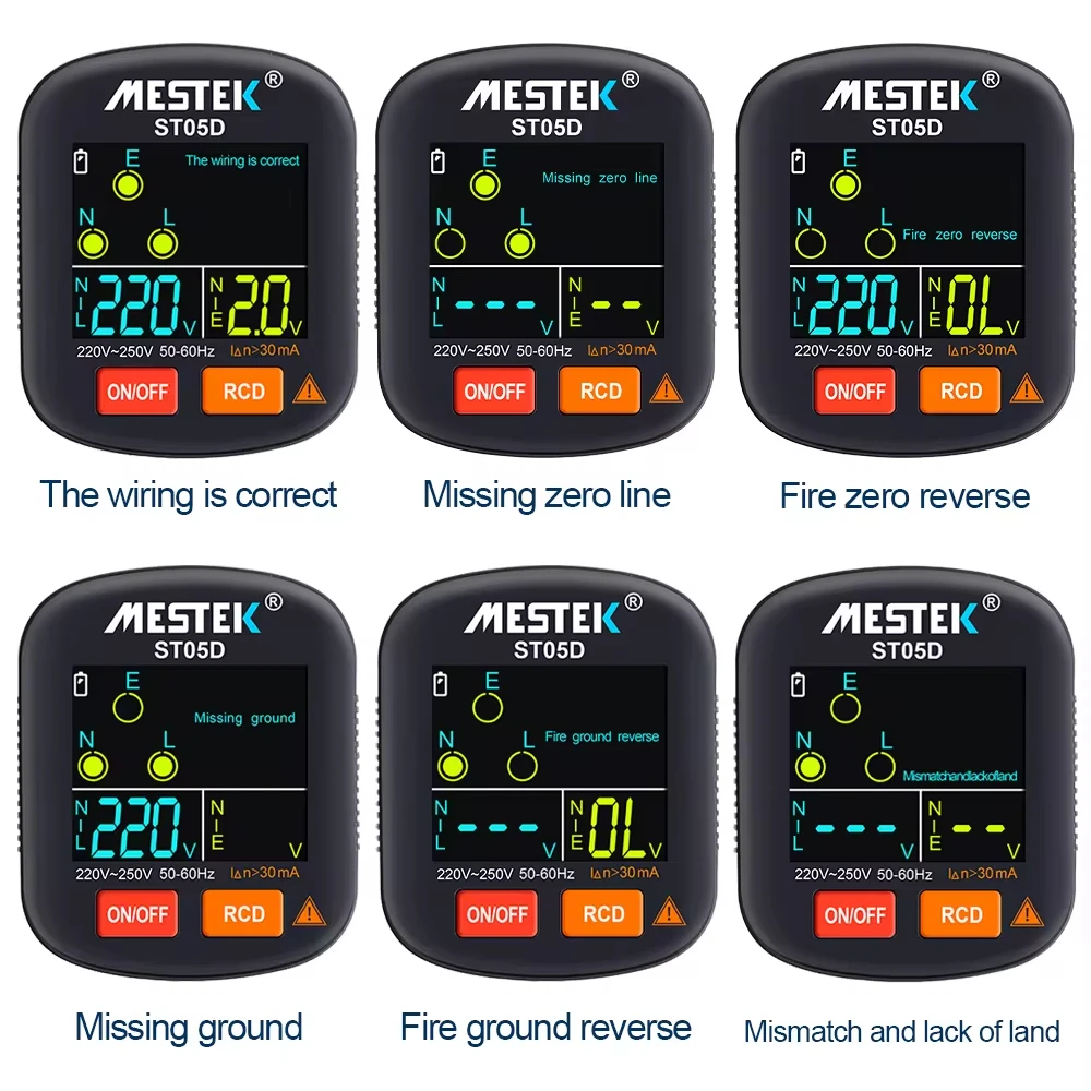 Outlet Socket Tester Digital Voltage Detector RCD GFCI NCV Voltage Test EU US UK Plug Ground Zero Line Polarity Phase Check