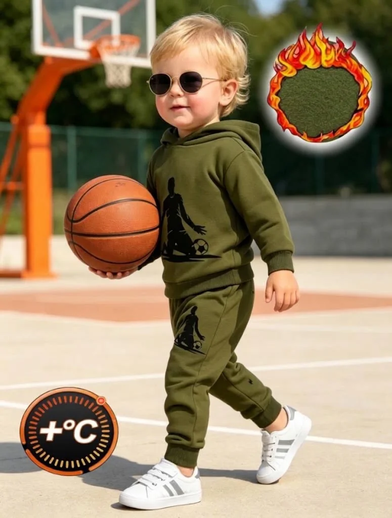 Kids Boy Winter Warm Clothes Set Thick Fleece Soccer Printed Hoodie Pants 2Pcs Toddler Tracksuit Army Green Sportswear