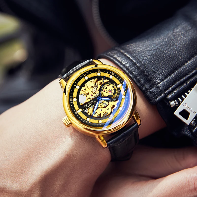 Модные золотые механические часы со скелетом, мужские лучшие брендовые роскошные кожаные автоматические полые наручные часы, кожаные военные часы для мужчин