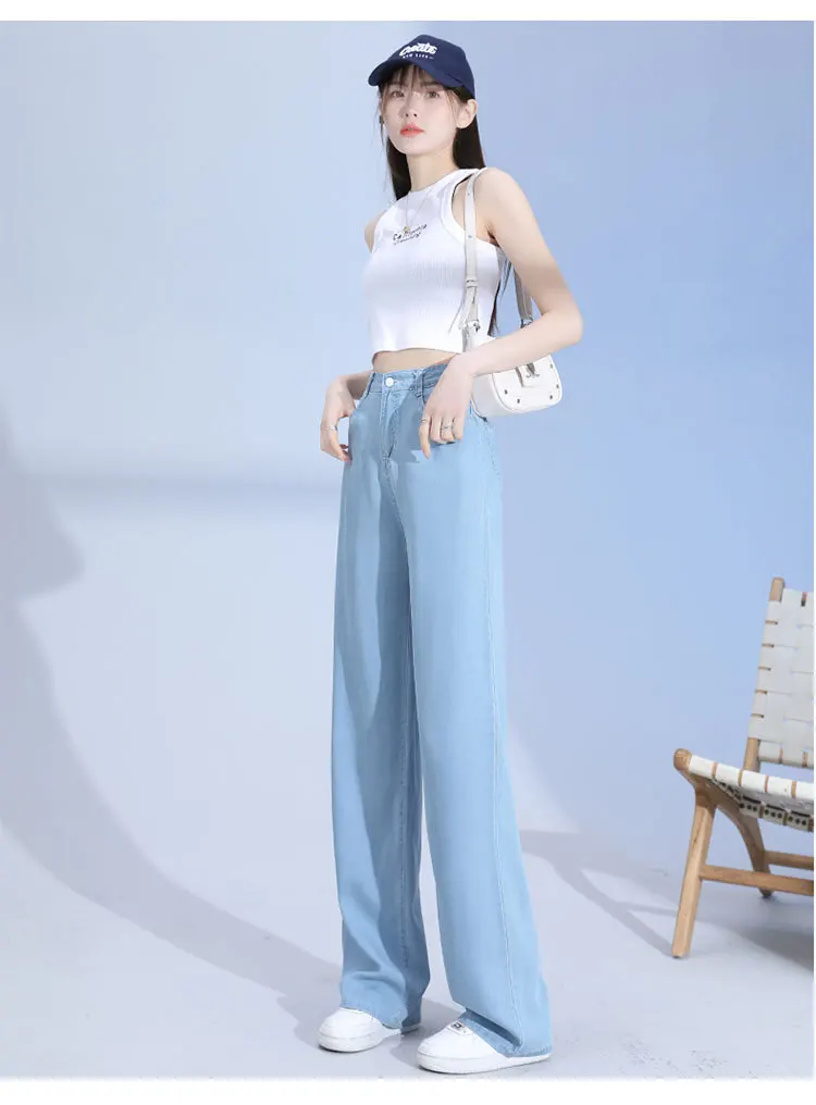 Zomer nieuwe dunne effen kleur semi-elastische taille ontwerp Tencel jeans, en dames losse smalle rechte pijpen ijszijde wijde pijpen jeans