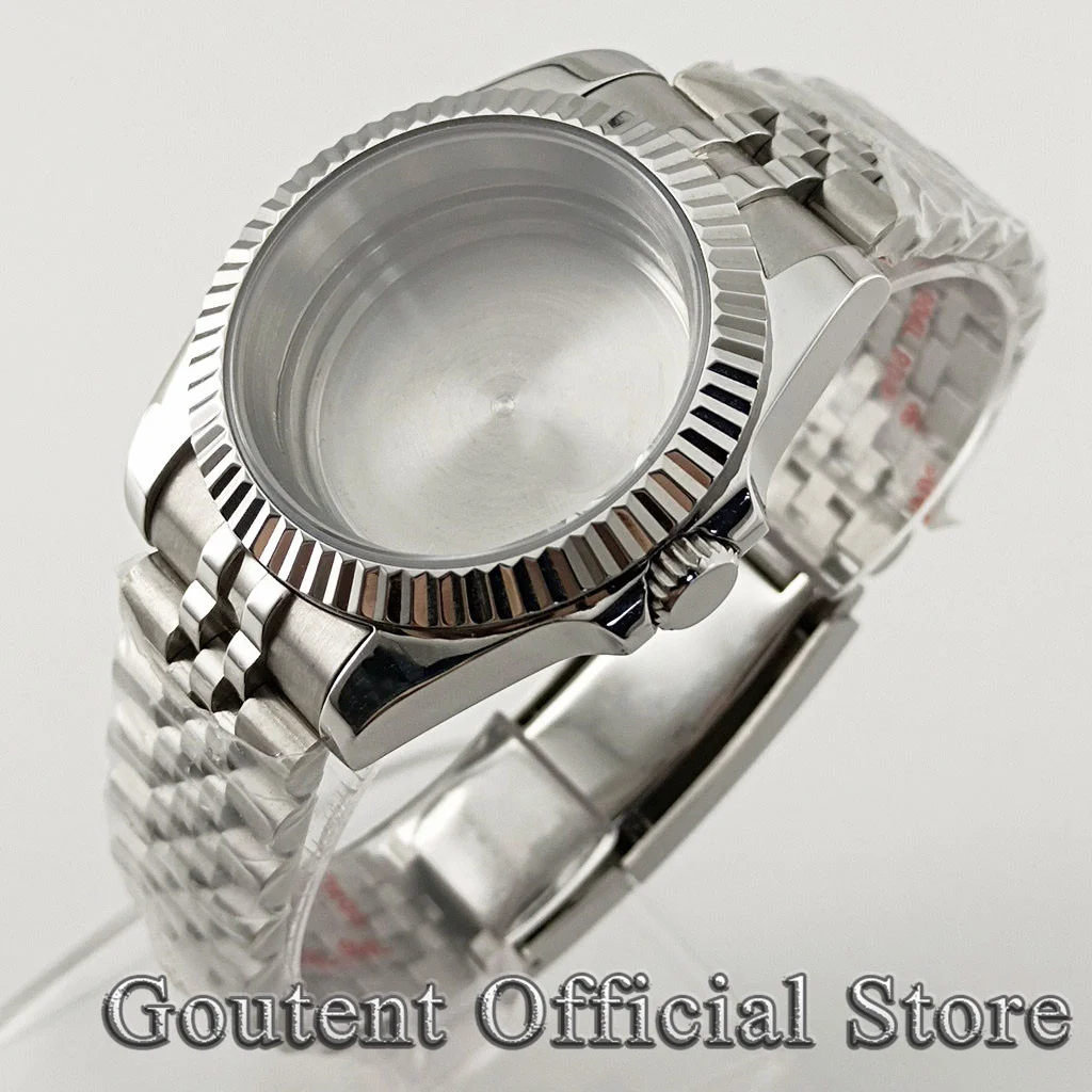 Goutent 36/39mm Silver Fluted Bezel Watch Case Sapphire Glass Sliding Lock Bracelet Fit NH35 NH36 PT5000 Watch Mod Parts