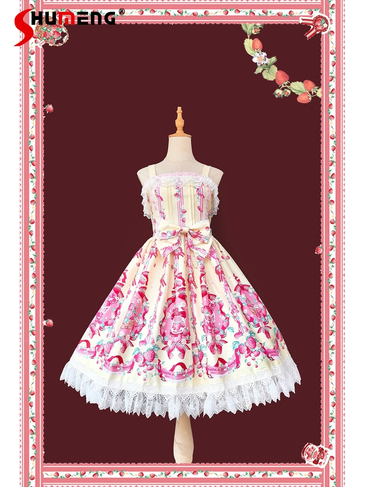 

Elegant Retro Sweet Princess Lolita Dress Lace Spliced Sleeveless High Waist Bow Cartoon Print Kawaii Lolita JSK Dress for Women