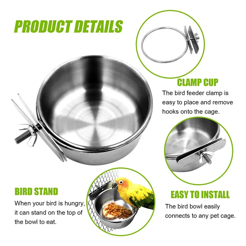 

AT02-4 шт., чашки для кормления птиц из нержавеющей стали, миски для воды для корма для попугаев с зажимом, держатель для чашек в клетке для домашних животных
