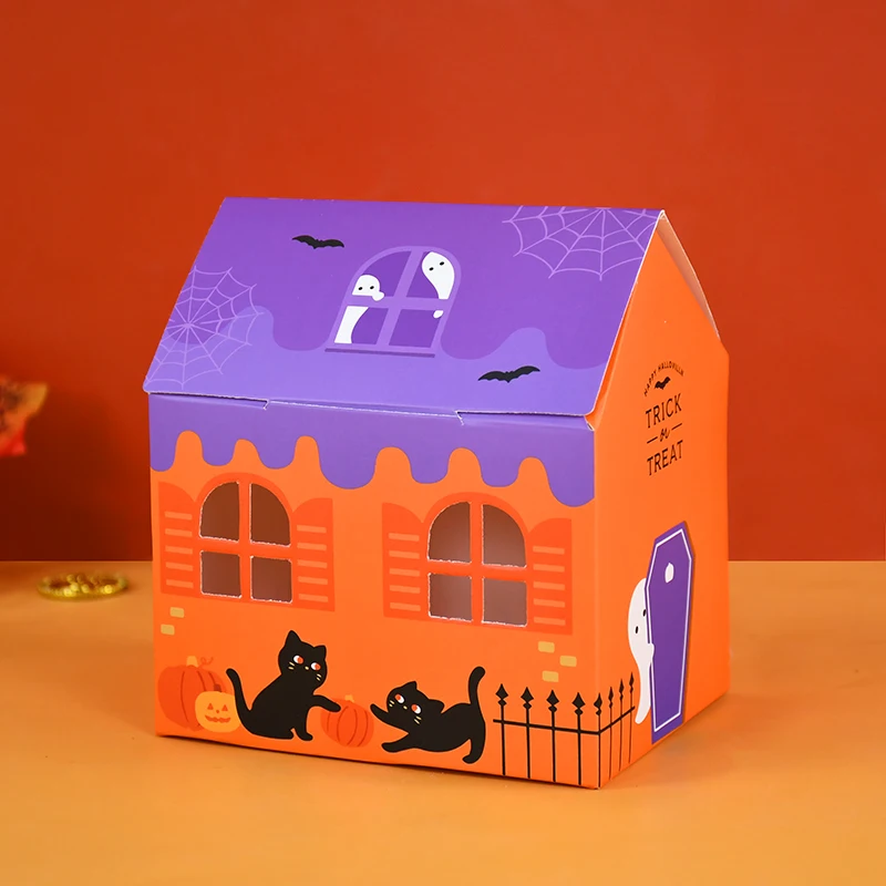 5pcs Halloween Candy Box Colorful House Cat Bat Biscuit Gift Cookie Boxes Trick or Treat Halloween Party Candy Packaging Supplie