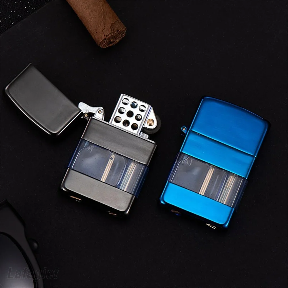 2024New Gasoline Lighter Transparent Oil Tank Retro Grinding Wheel Windproof Kerosene Petrol Lighter For Cigarette Accessories