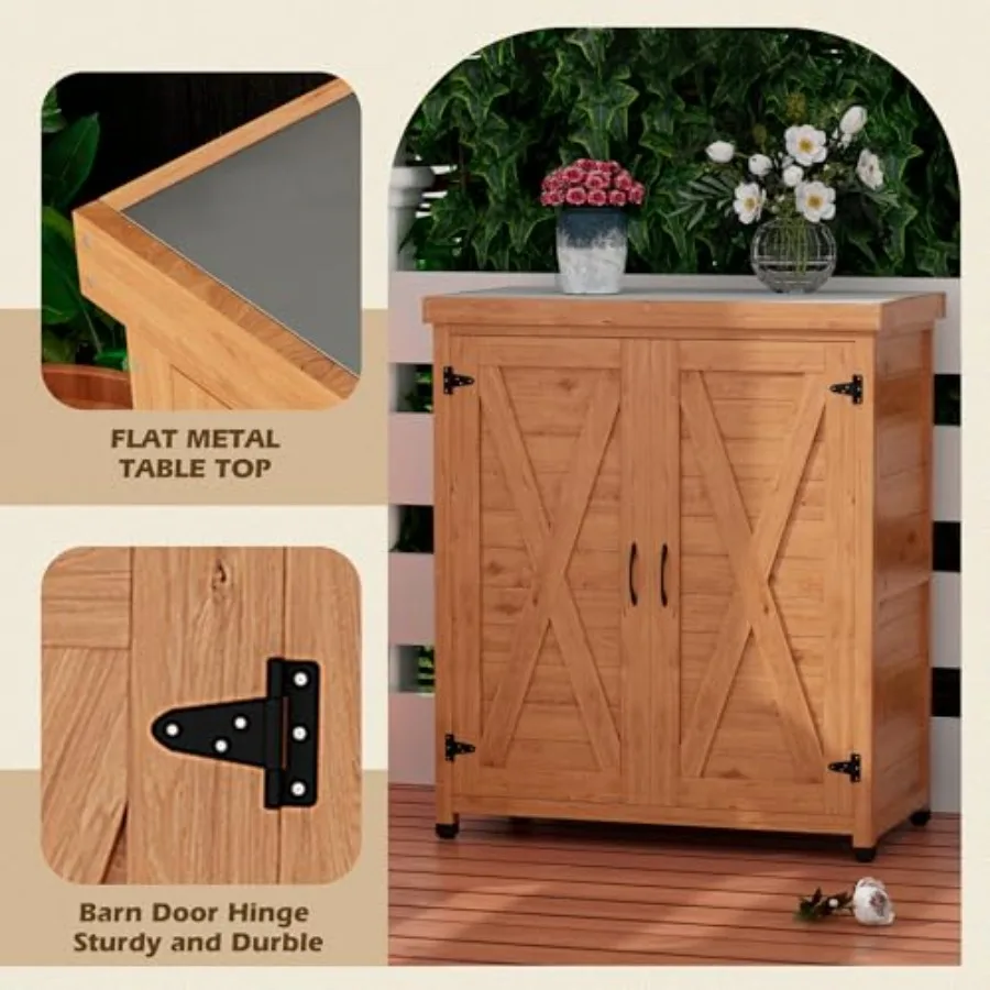 31 Outdoor Potting Bench for Patio Work Station, Cedar Wood with Metal Top X-Frame, Light Brown, Magnetic Door Storage Cabinet