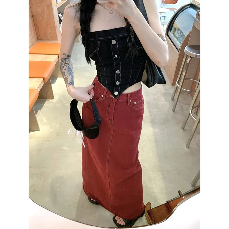 MEXZT S-3Xl Vintage Slit Denim Midi Skirts Women Y2K Red High Waist Wrap Jean Skirt Summer Korean Sexy Split Slim A Line Faldas