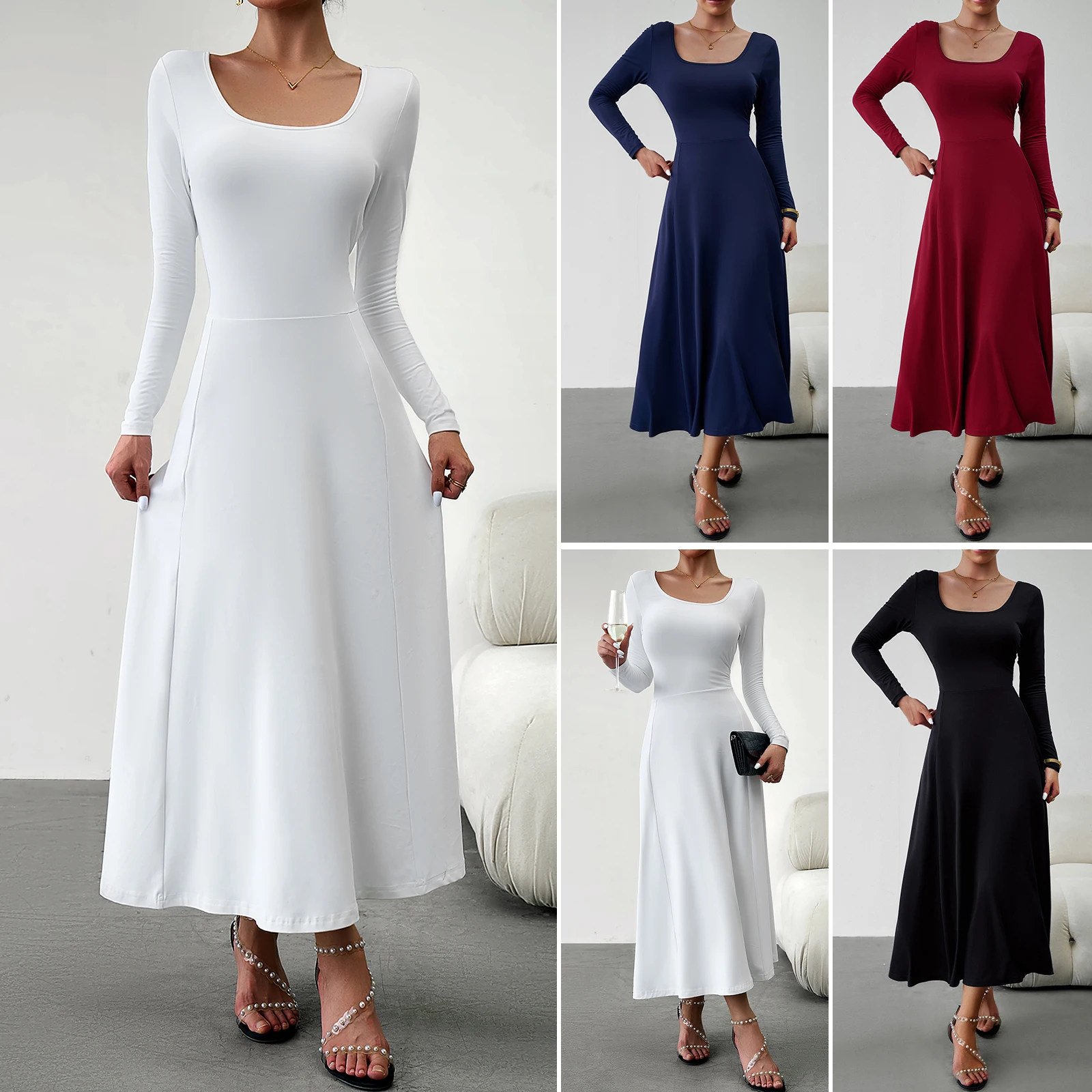 

Slim Long Sleeve Dresses For Fashion Elegant Solid Bodycon Frock Simple Vintage Autumn High Waisted Pullover U Neck A Line Skirt