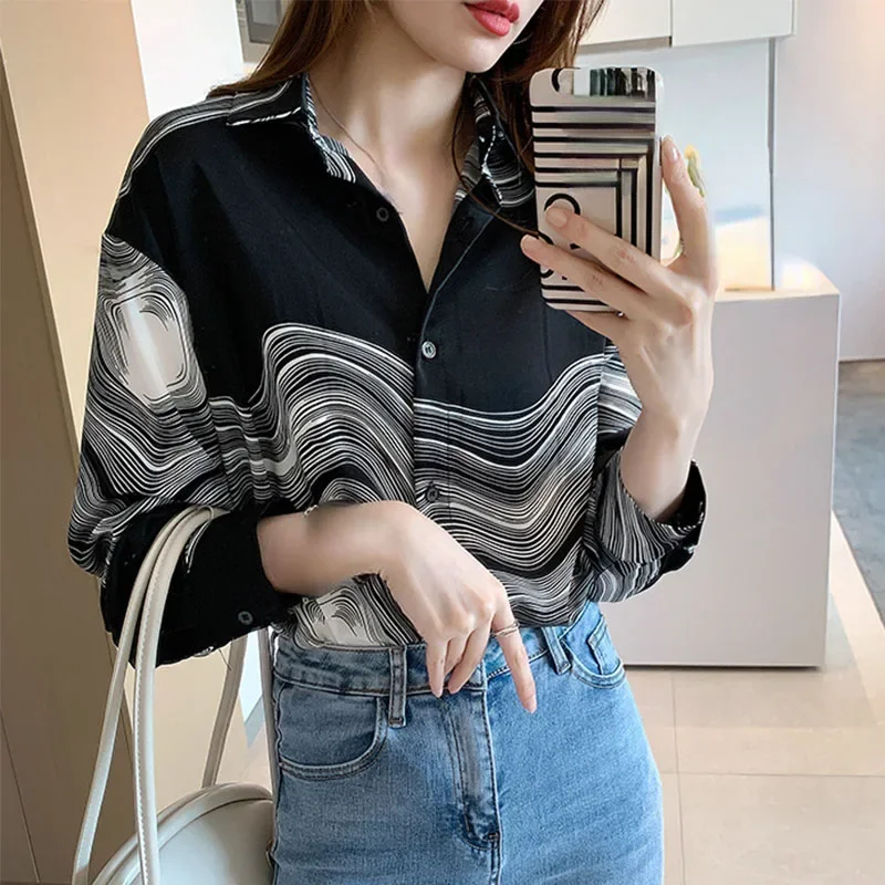 Lente Zomer Dames Lange Mouwen Shirts Dames Turn-Down Kraag Tops Vrouwelijke Losse Casual Street Shirts Knoop Up Vintage Blouse