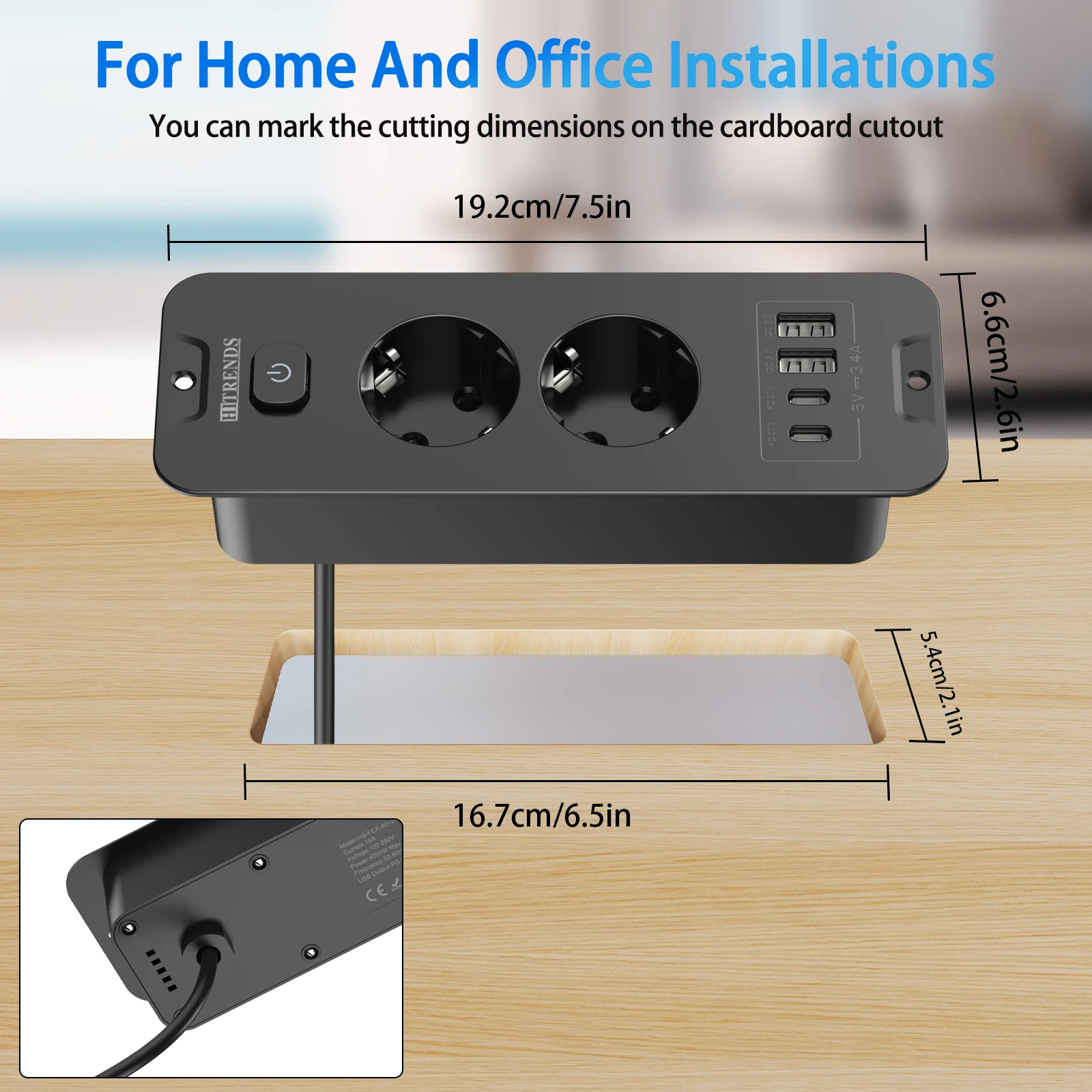Desktop Built-in Socket with 2 USB A and 2 Type-C PD20W EU Double Plug Table Recessed Socket Power Strip 2M Extension Cord