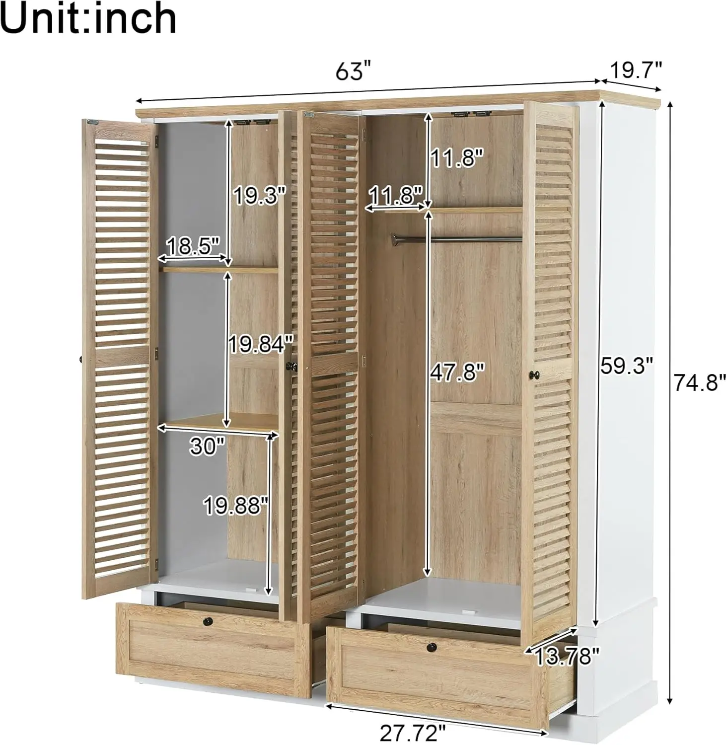 Modern 4 Shutter Door Wardrobe Armoire Closet With 2 Drawers, 4 Storage Shelves, 1 Hanging Rods For Bedroom, Natural+White