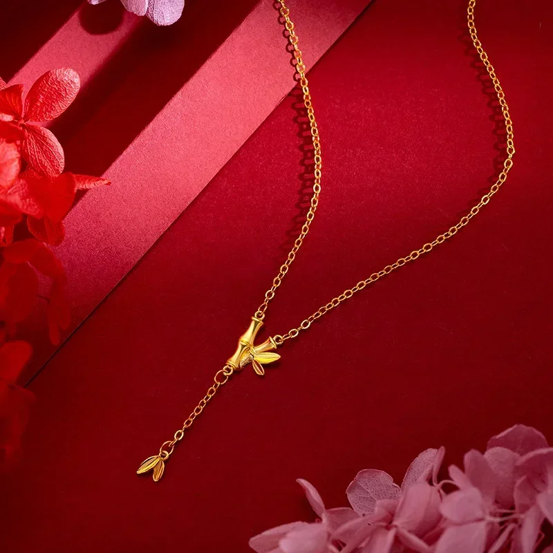 

9999 Real Gold 24K Japanese and Korean niche fashion bamboo joint tassel necklace joint high collarbone set chain