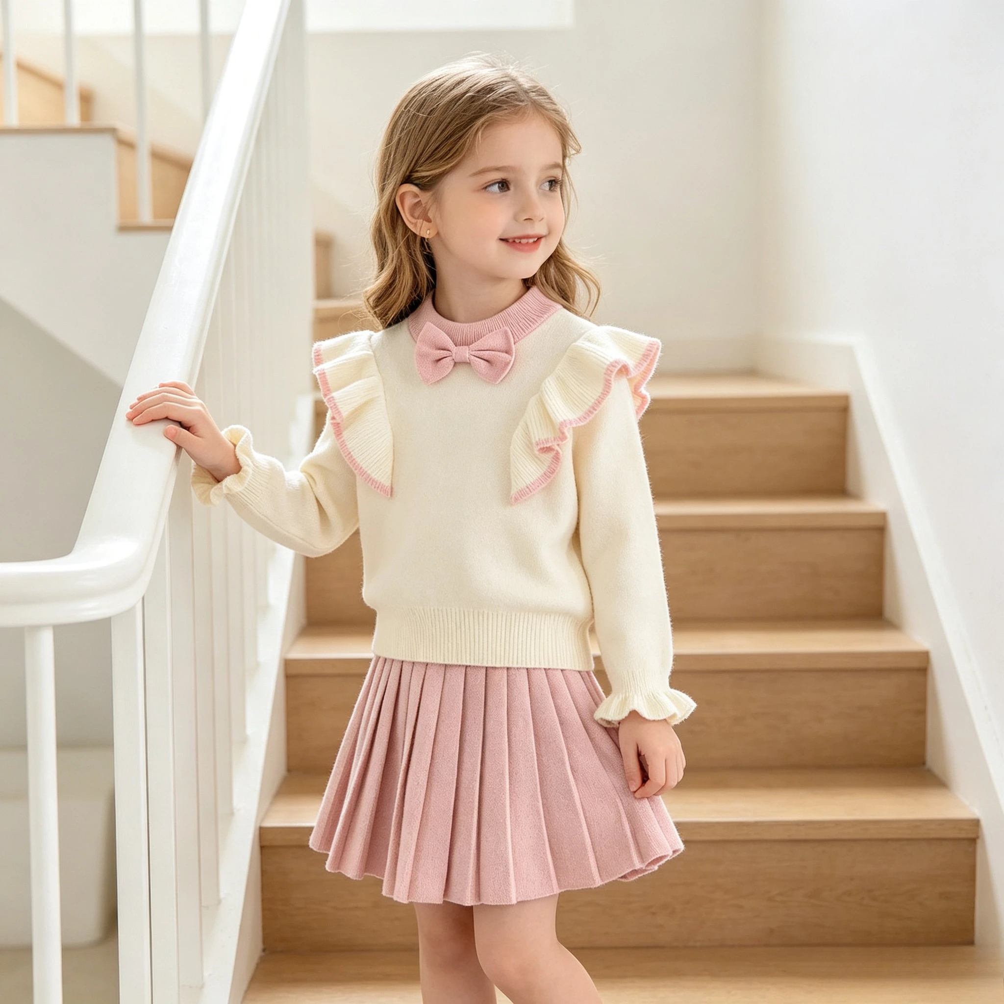 Girl Flutter Sleeve Knit Sweater Two‑Piece Set Korean Sweet Stylish Style For Toddler Spring Autumn Daily Casual Princess Outfit