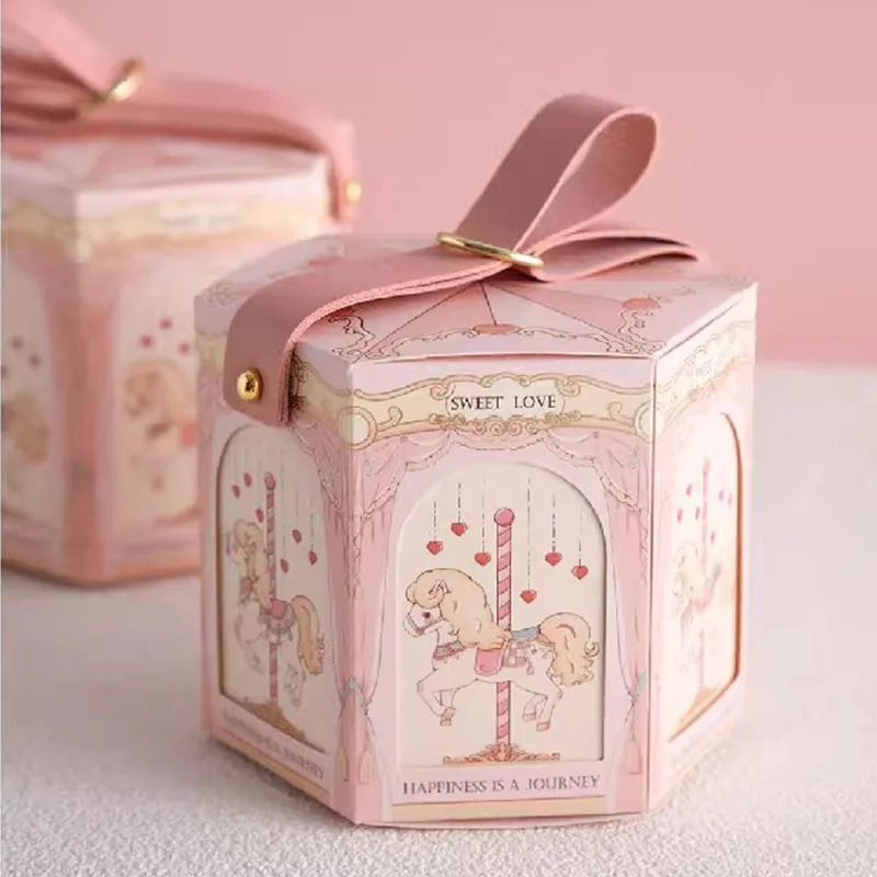 صندوق حلوى سداسي جديد سلسلة دوائر تصميم أنيق صندوق تعبئة الهدايا مع مقبض جلدي ديكور حفلات الزفاف وحفلات استقبال المولود الجديد #1
