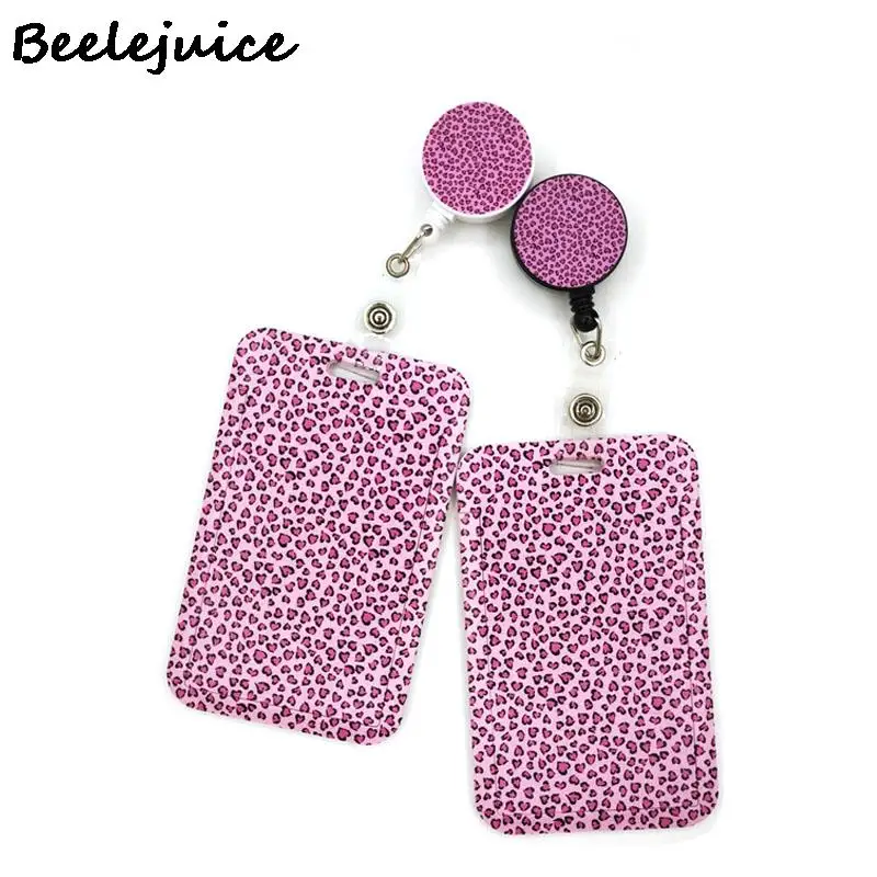 Pink Leopard Print ID Retractable Badge Holder Reel ID Badge Holder Clip Key Ring for Name Card Keychain Nurse Work Decorations