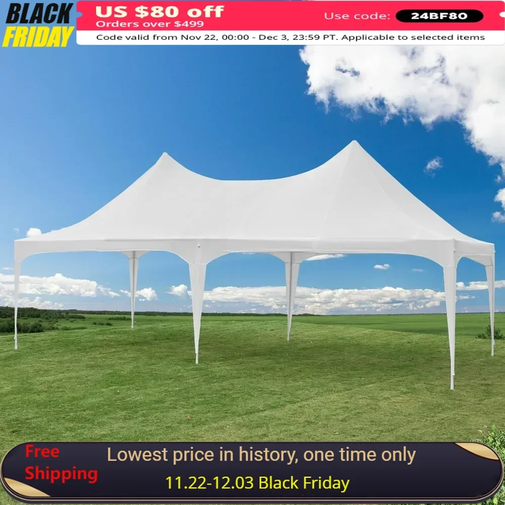 13x26ft Party Tent, White Wedding Tent, Heavy Duty Double Peaked Canopy Tents with Pole-Less Event Space