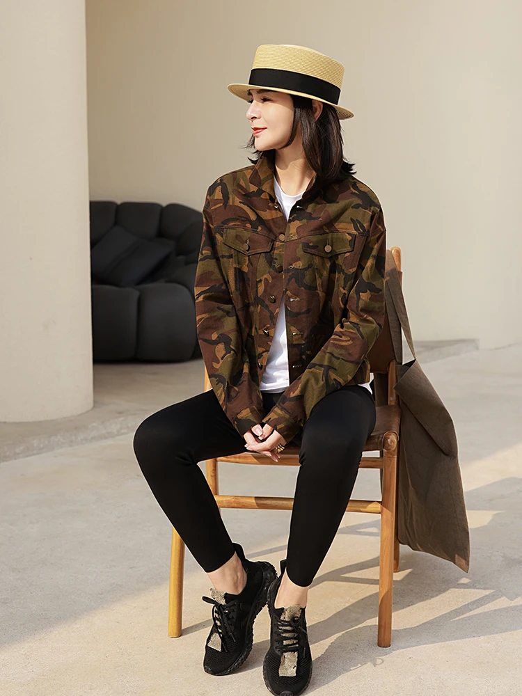 

Cotton Linen Women's ort Jaet 2026 Spring Collection Slimming Long Sve Camouflage Faionable Straight Cut Commute Sle