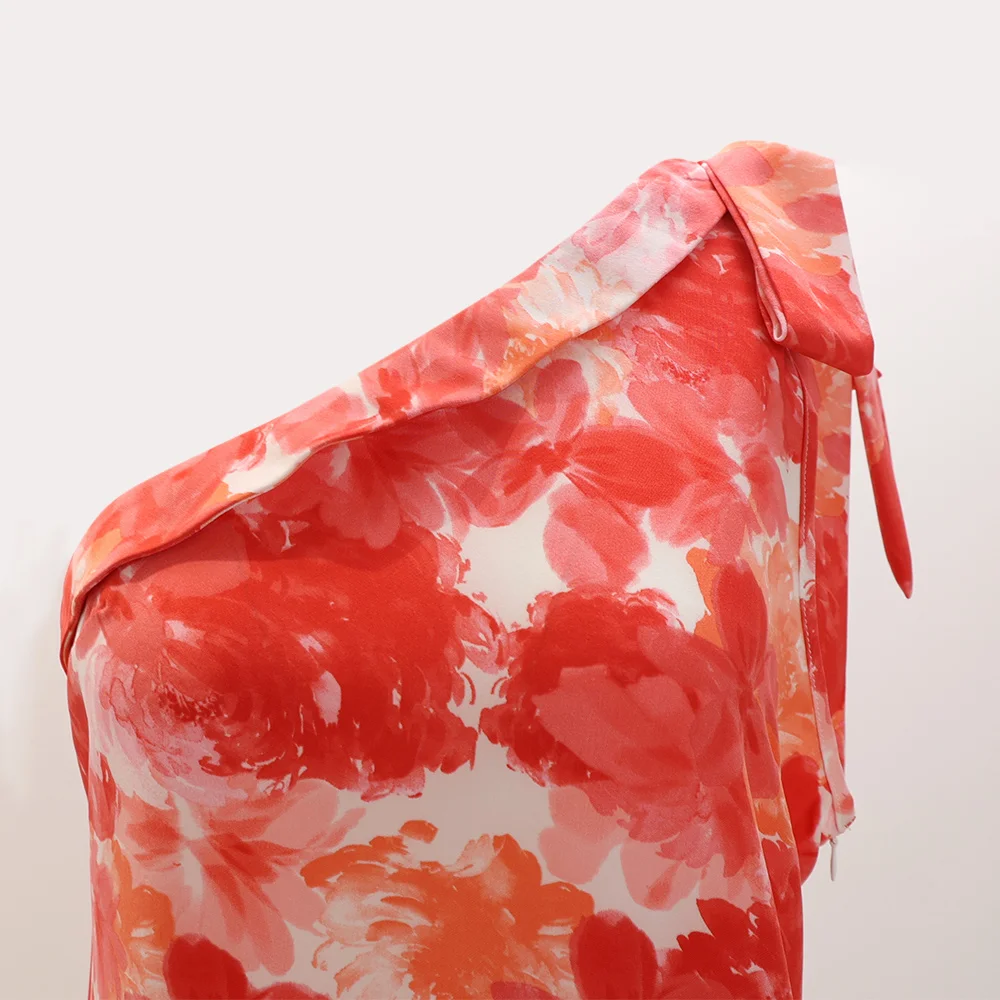 ワンピース 夏 カジュアル 花柄 フルプリント ノースリーブ ワンショルダー レースアップ ミニ Aライン デートワンピース レディース