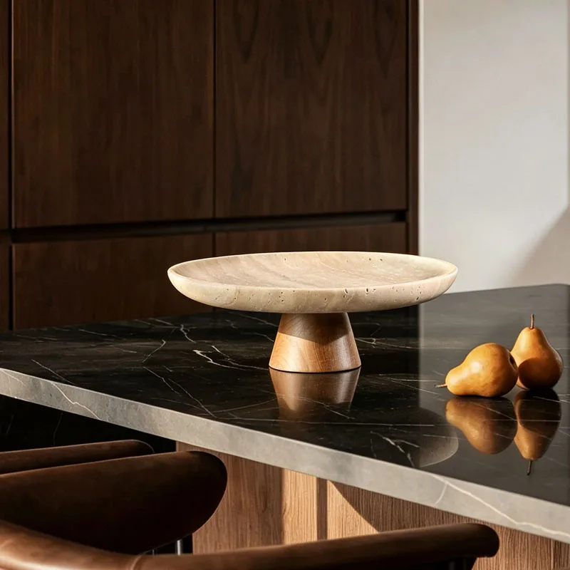 Travertine Fruit Bowl with Wood Pedestal High Foot Stone Serving Tray Decorative Fruit Plate for Kitchen Table Home Decor