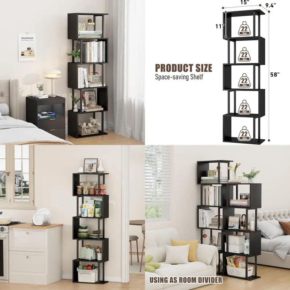 

Modern 5-Tier S-Shape Bookshelf, Wooden & Metal, Freestanding Storage Display Unit for Home Office, Black