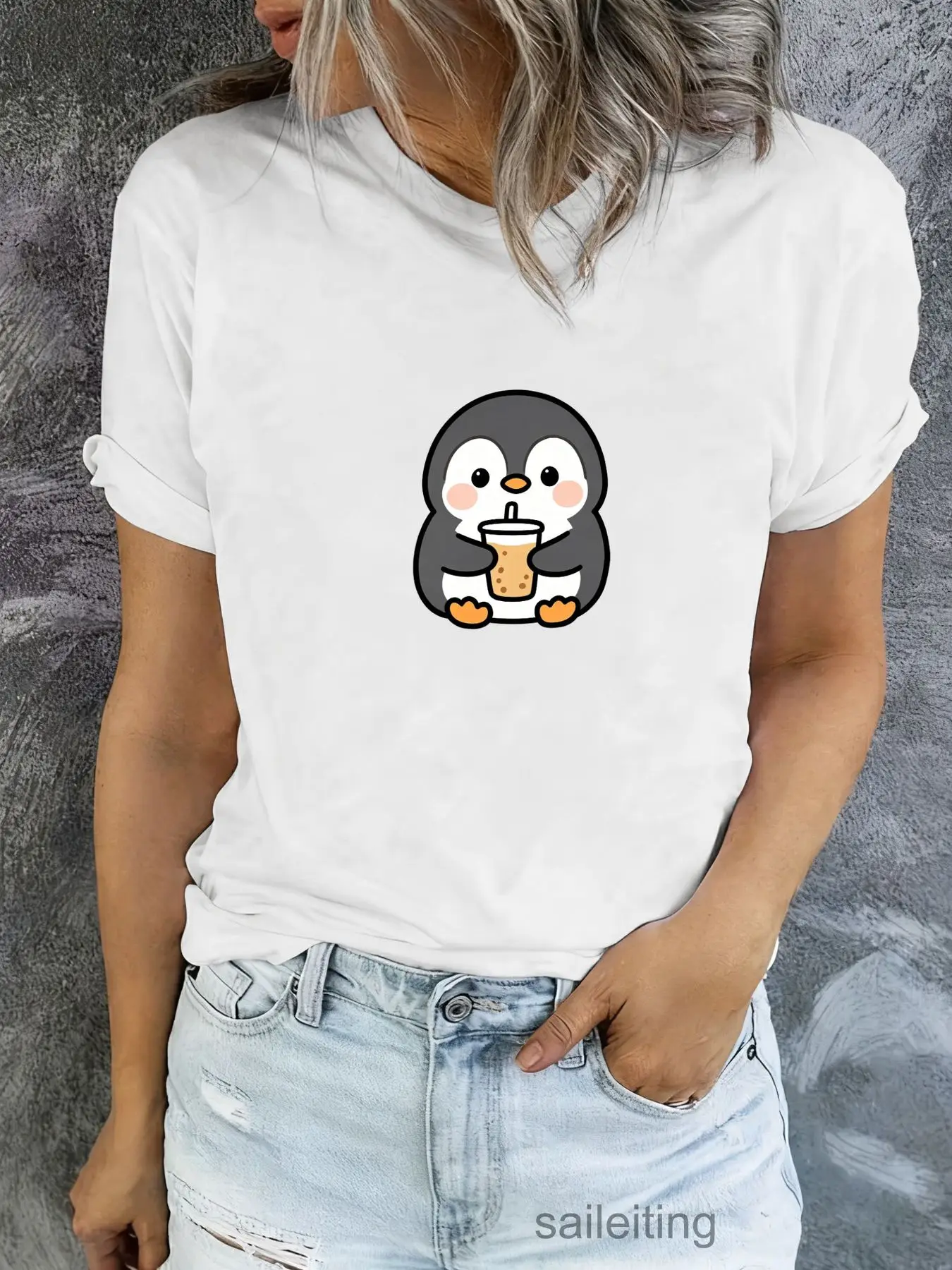 Cute Cartoon Penguin Holding Boba Tea White Short Sleeve T-Shirt for Women Men, Soft Casual Summer Breathable Tee with Rosy C
