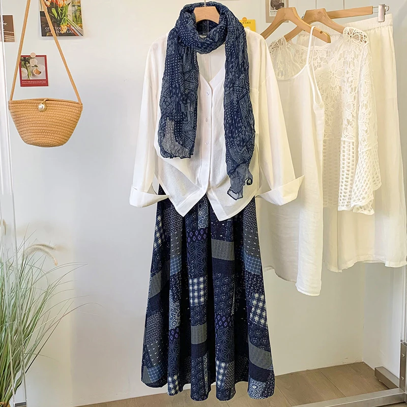 Sun Protection Cotton Linen Halter Neck Double Layer  Color Shirt Vintage Print Skirt Commute Style mid Waist A-Line Lon...