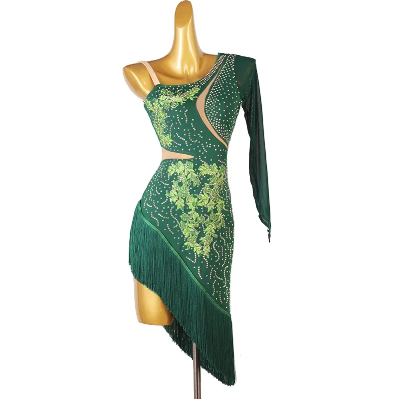 Vestido de dança latina personalizado com borla para mulheres, manga longa, malha chinlon, junta dividida, strass, treinamento de performance, 7 cores