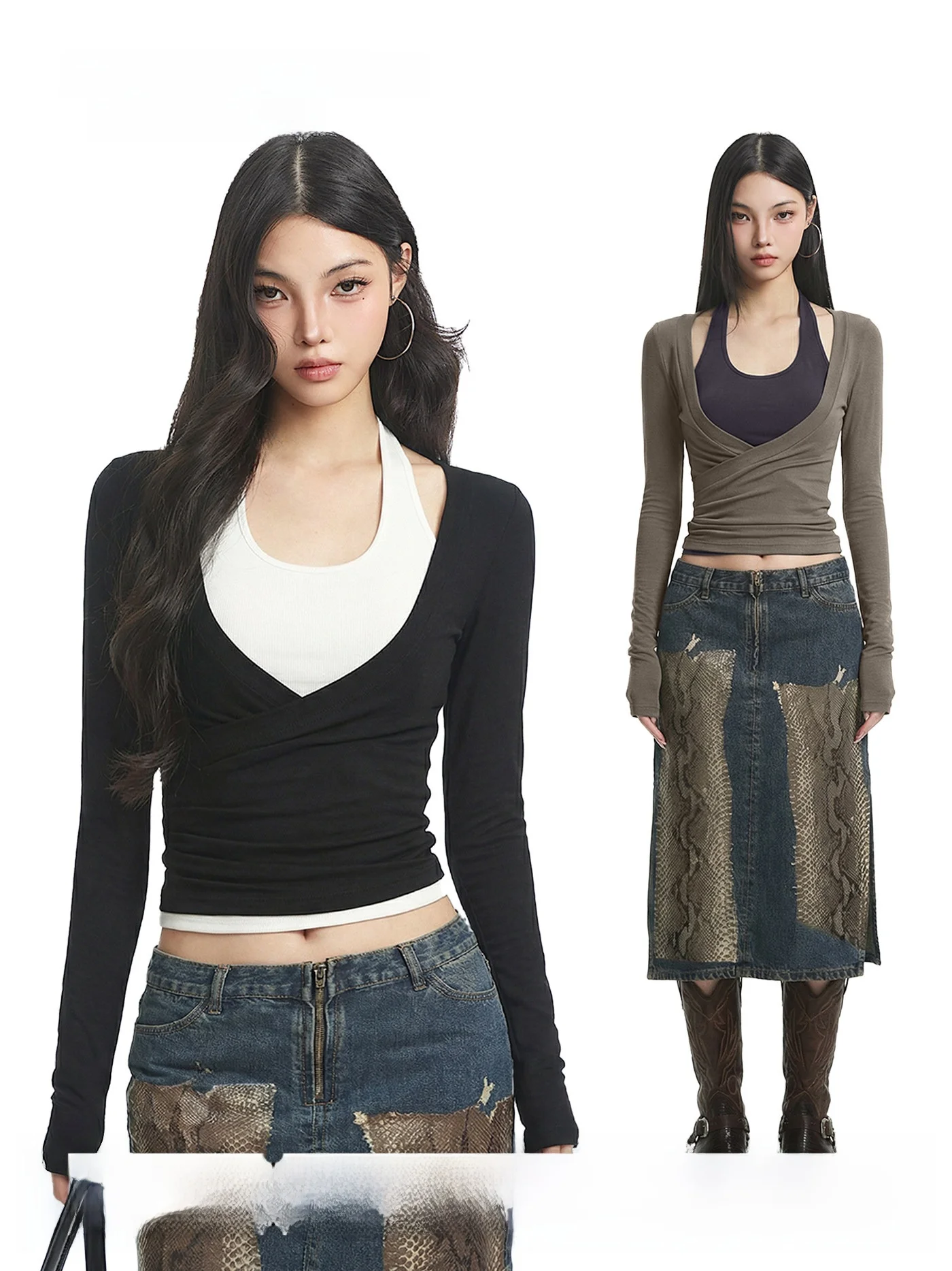

UNCMHISEX Lazy Sle Color Blo Long Sve Ne Hanging Women's Slim Fit Design Sense Top Two-Piece Set ort Length T-irt
