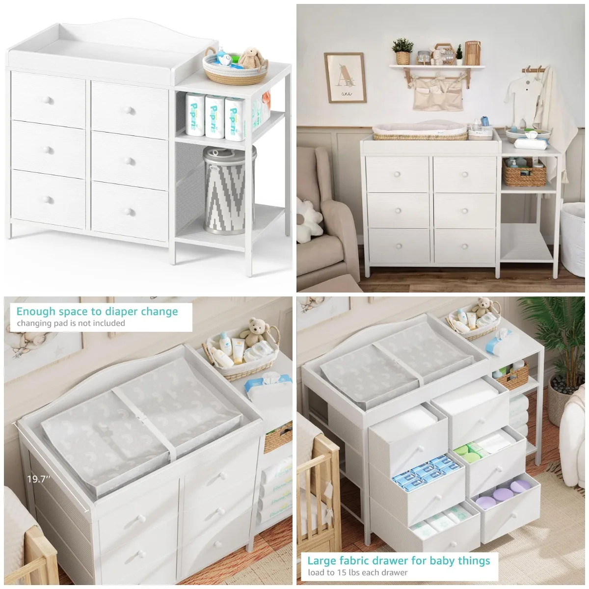 

White Baby Dresser with Changing Table & 6 Fabric Drawers, Nursery Storage Unit