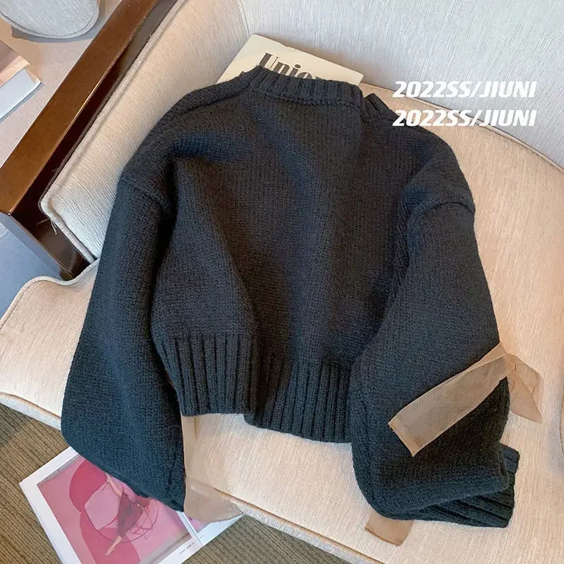 Nomikuma Chic Gauze Bow Bandage Knitted Sweater Casual Long Sleeve O-neck Pullovers 2023 Spring New Short  Tops Female