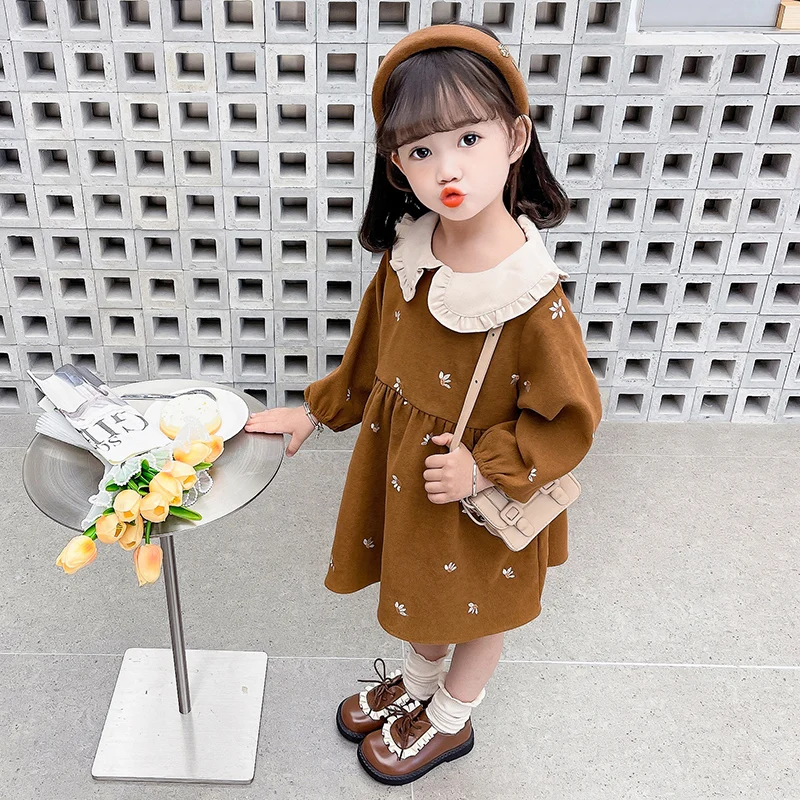 New Spring And Autumn Girls\' Dresses Long Sleeve Puffed Sleeve Square Collar Flower Embroidery Sweet Full Of Printed Edge Pleats