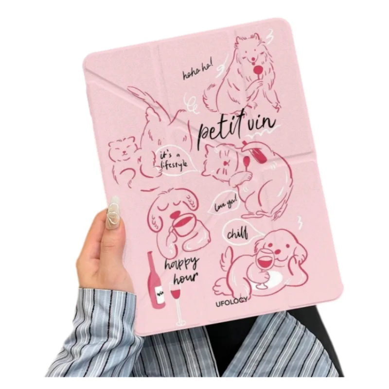 Line Art Dogs Cats Wine Print Pen Slot Tablet Case For iPad 2026 Air 8 7 6 4 3 2 1 Pro 2024 11in 12th 11 10 9 8 7 6 5th Cover